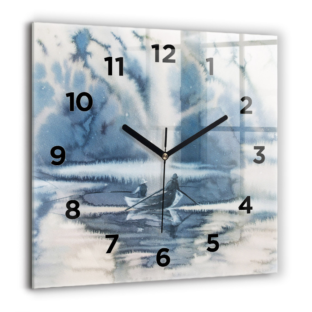 Horloge carrée en verre 60x60 cm Lac d'hiver Bateau