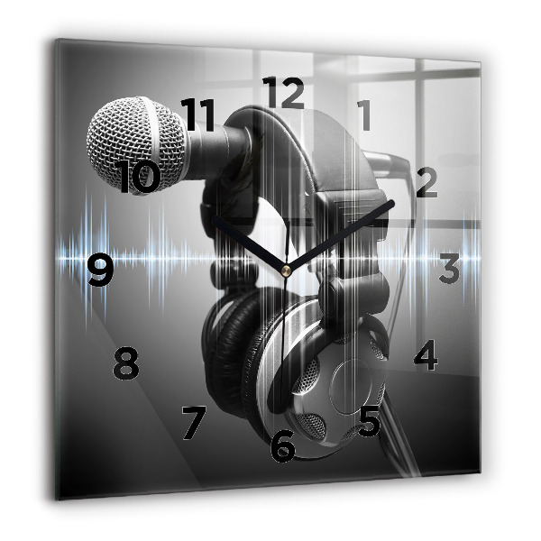 Horloge carrée en verre 60x60 cm Microphone et écouteurs