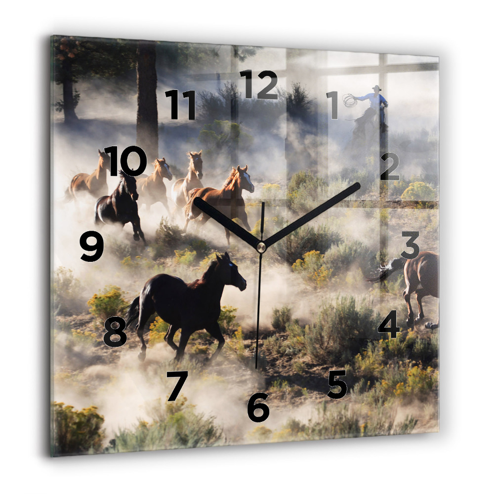 Horloge murale carrée 60x60 cm Troupeau de chevaux à vive allure