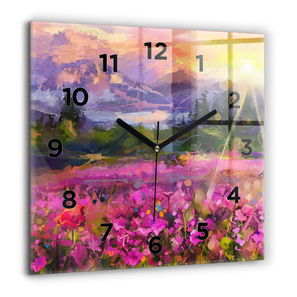 Horloge carrée en verre 60x60 cm Prairie au coucher du soleil