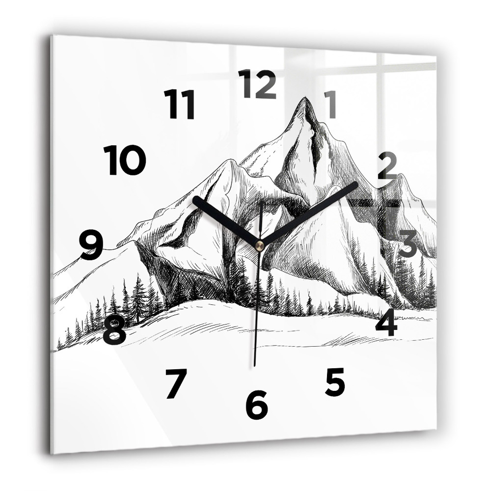 Pendule carrée en verre 60x60 cm Montagnes dessinées
