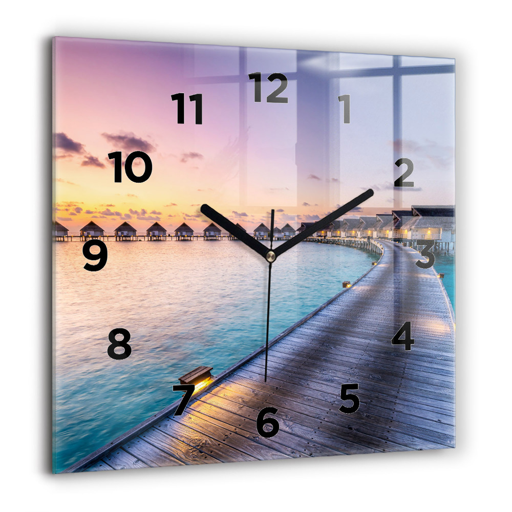 Horloge carrée en verre 60x60 cm Coucher de soleil aux Maldives