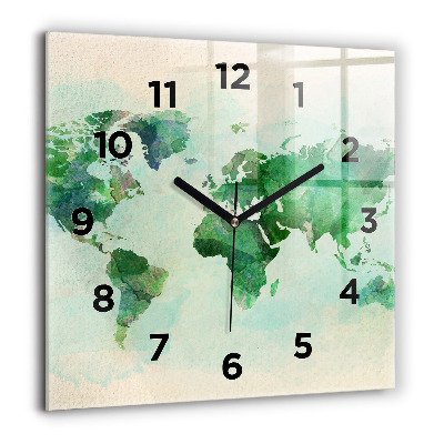 Horloge carrée en verre 60x60 cm Aquarelle carte du monde