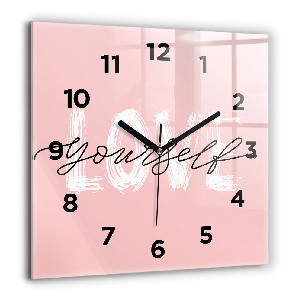 Pendule carrée en verre 60x60 cm Inscription "Love yourself