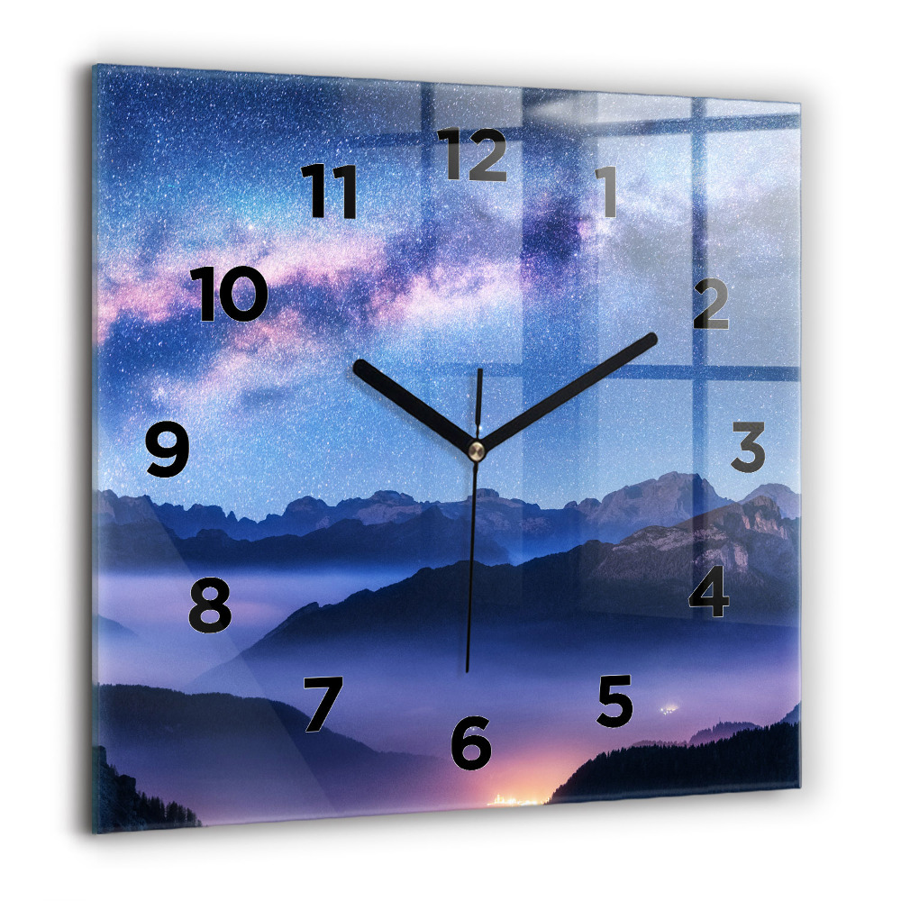 Pendule carrée en verre 60x60 cm Voie lactée et montagnes