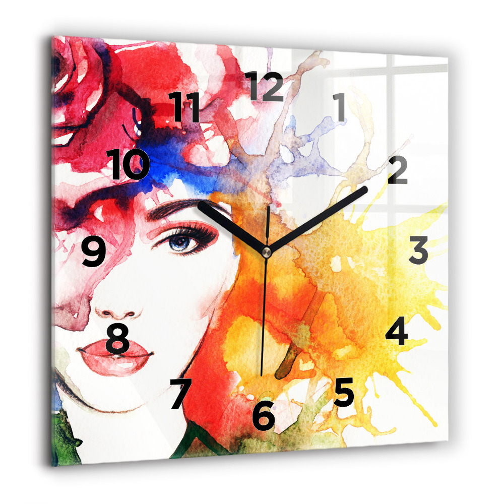 Pendule carrée en verre 60x60 cm Portrait coloré d'une femme