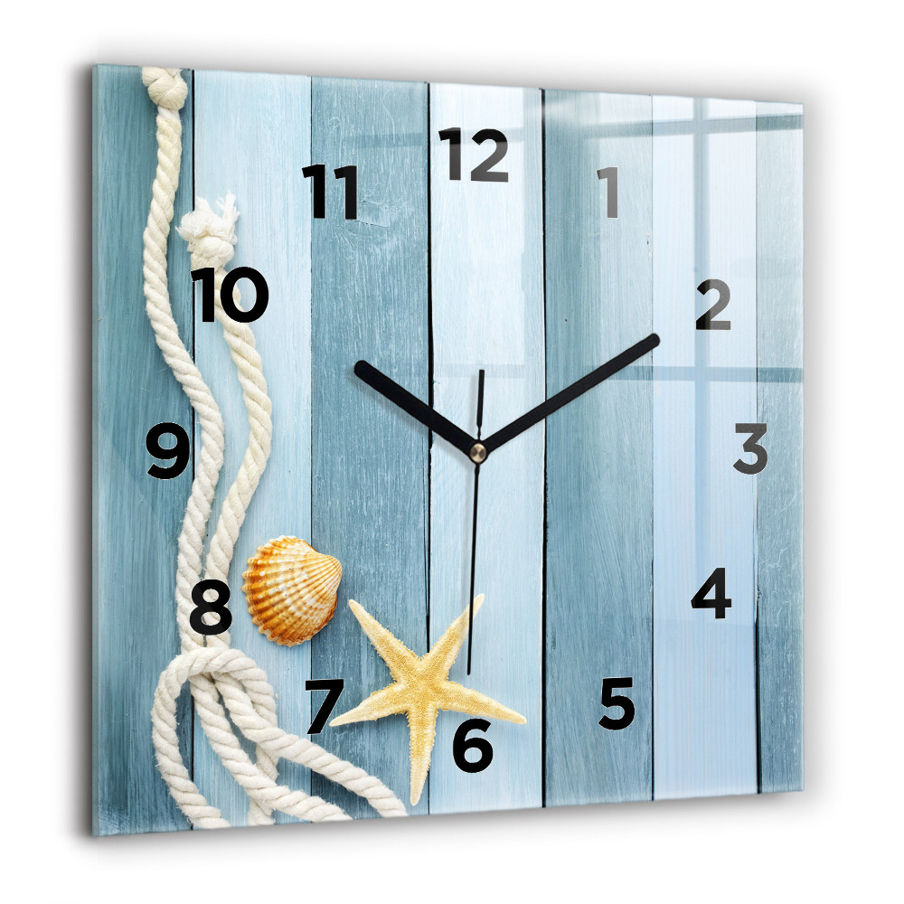Horloge carrée en verre 60x60 cm Planches rayées et coquillage