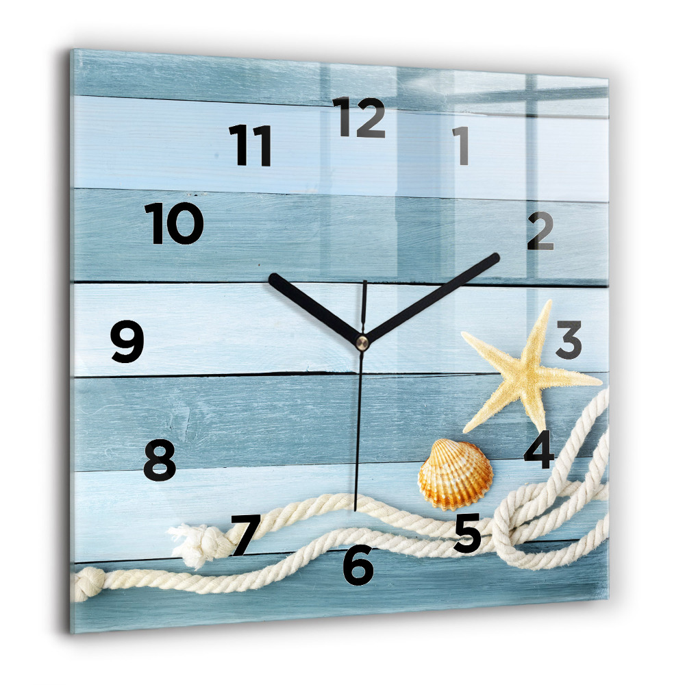 Horloge murale carrée 60x60 cm Planches rayées et coquillage
