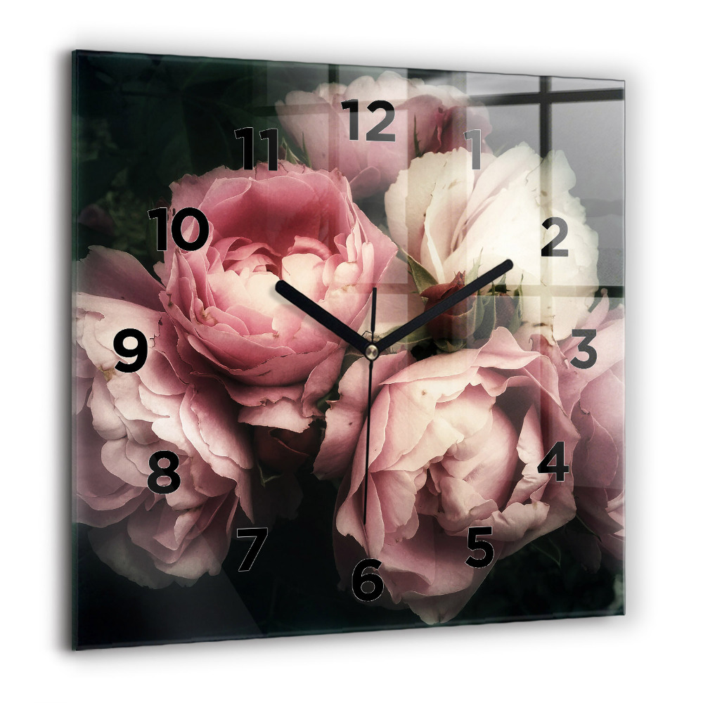 Pendule carrée en verre 60x60 cm Bouquet de roses roses