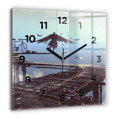 Horloge carrée en verre 60x60 cm Ange, pont et vélo