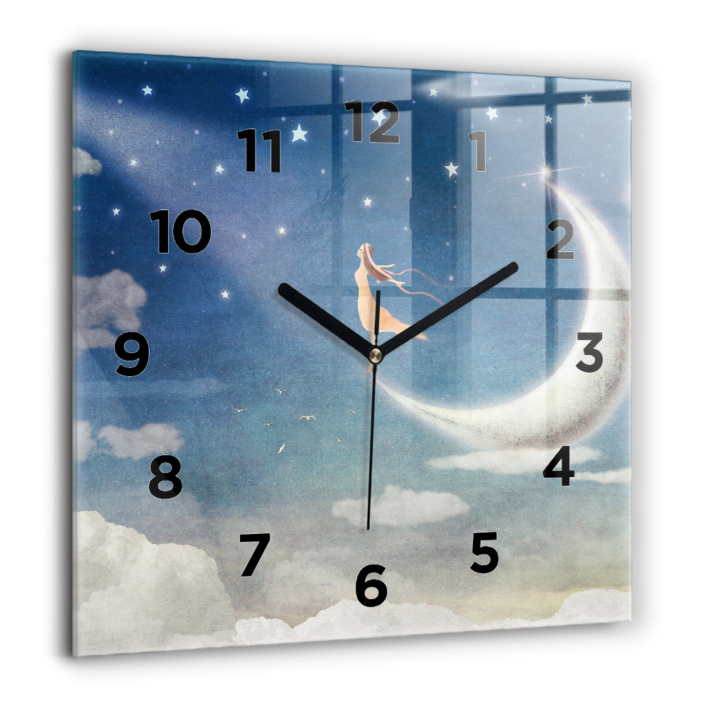 Horloge murale carrée 60x60 cm Fille sur la lune
