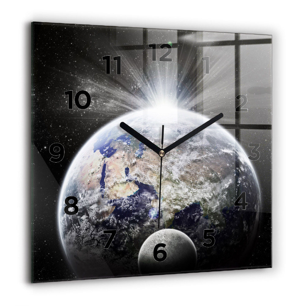 Horloge carrée en verre 60x60 cm Terre Lune Soleil