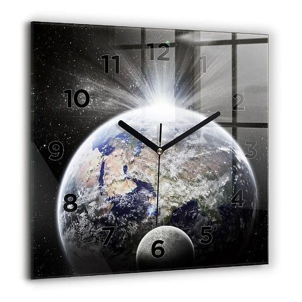 Horloge carrée en verre 60x60 cm Terre Lune Soleil