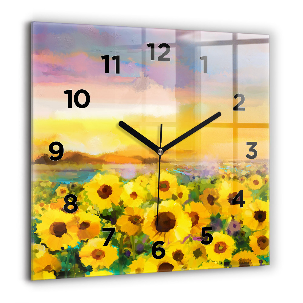 Pendule carrée en verre 60x60 cm Champ de tournesols