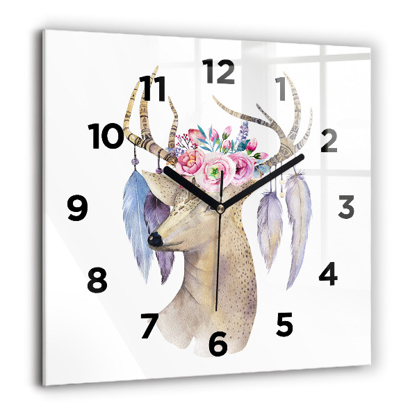 Pendule carrée en verre 60x60 cm Tête de cerf et fleurs
