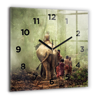 Horloge murale carrée 60x60 cm Enfants guidant un éléphant