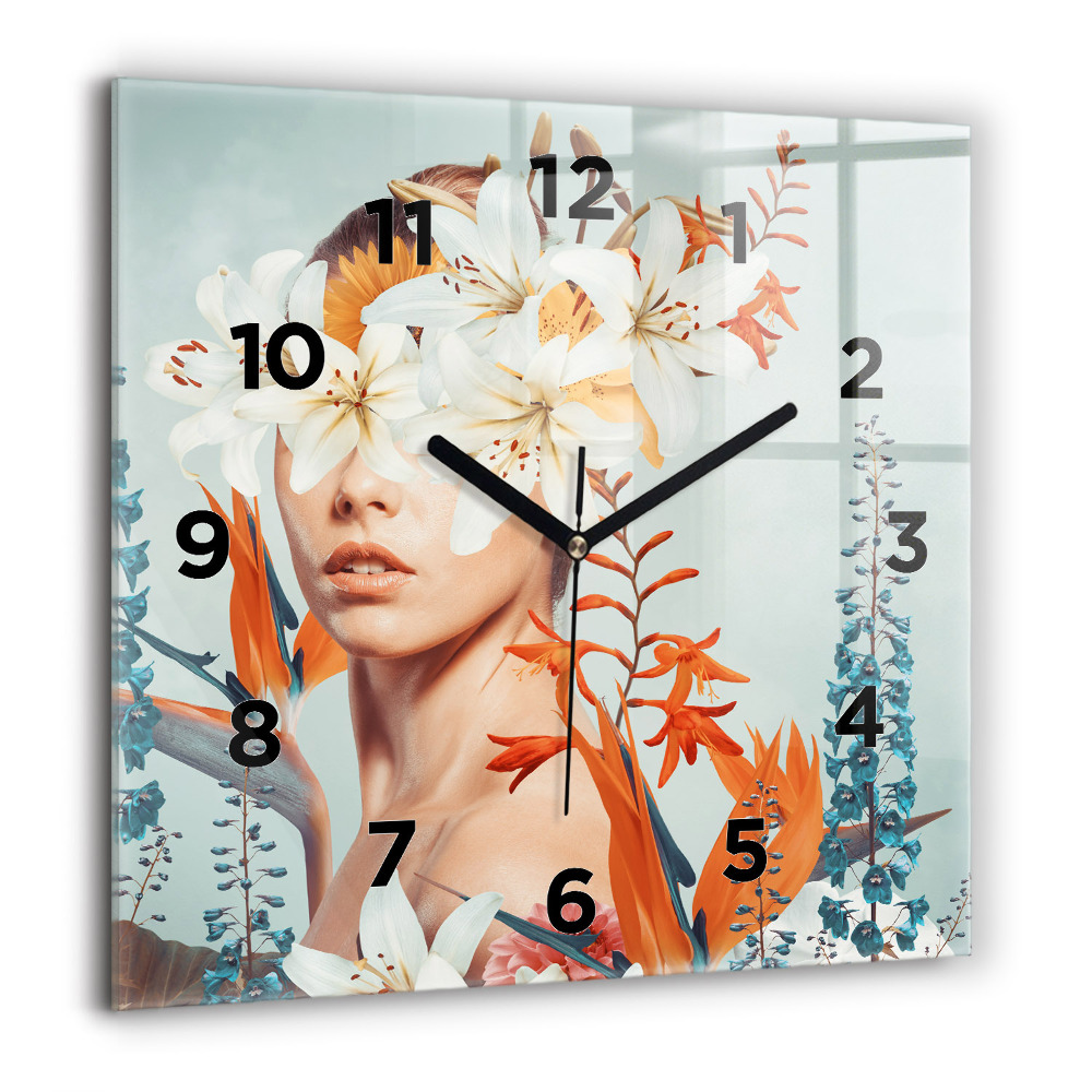 Pendule carrée en verre 60x60 cm Femme avec des fleurs