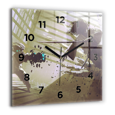 Pendule carrée en verre 60x60 cm Combat entre un robot et un samouraï