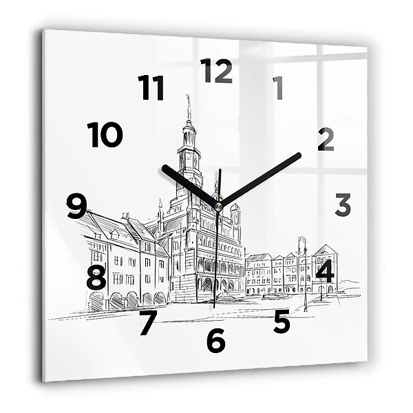 Horloge murale carrée 60x60 cm Croquis de la vieille ville de Poznań