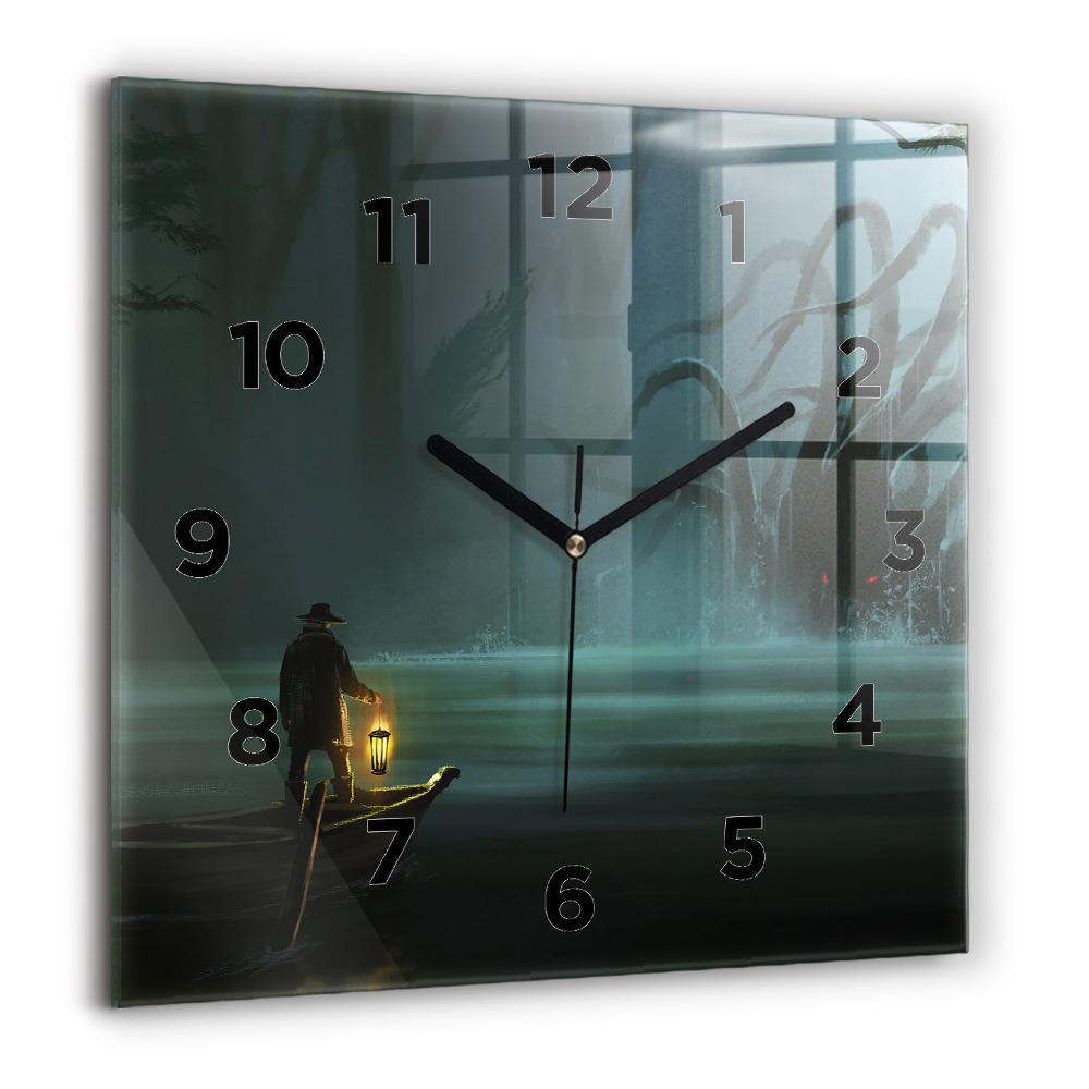 Pendule carrée en verre 60x60 cm Homme et monstre dans un marais