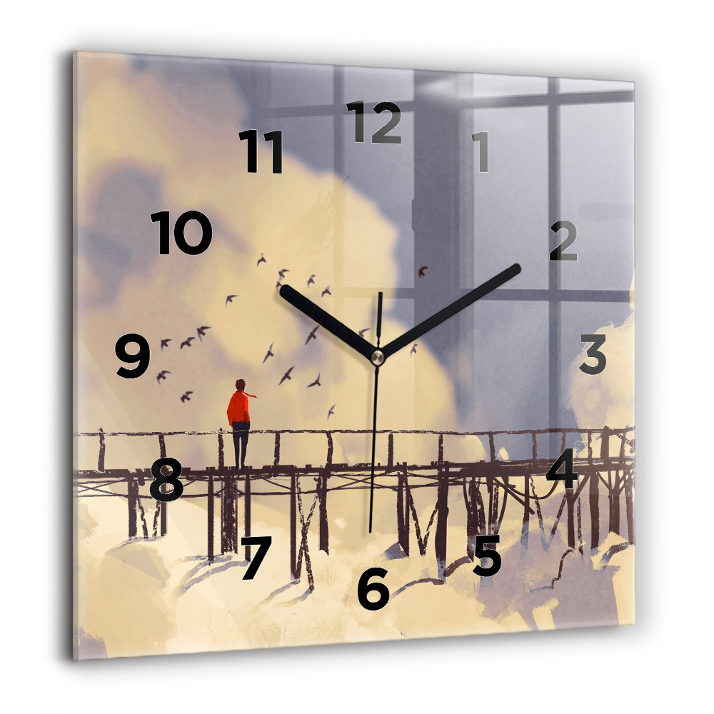 Horloge murale carrée 60x60 cm Homme sur un vieux pont