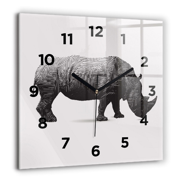 Pendule carrée en verre 60x60 cm Rhinocéros - dessin au trait