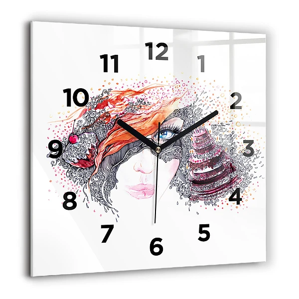 Horloge murale carrée 60x60 cm Femme douce avec un gâteau