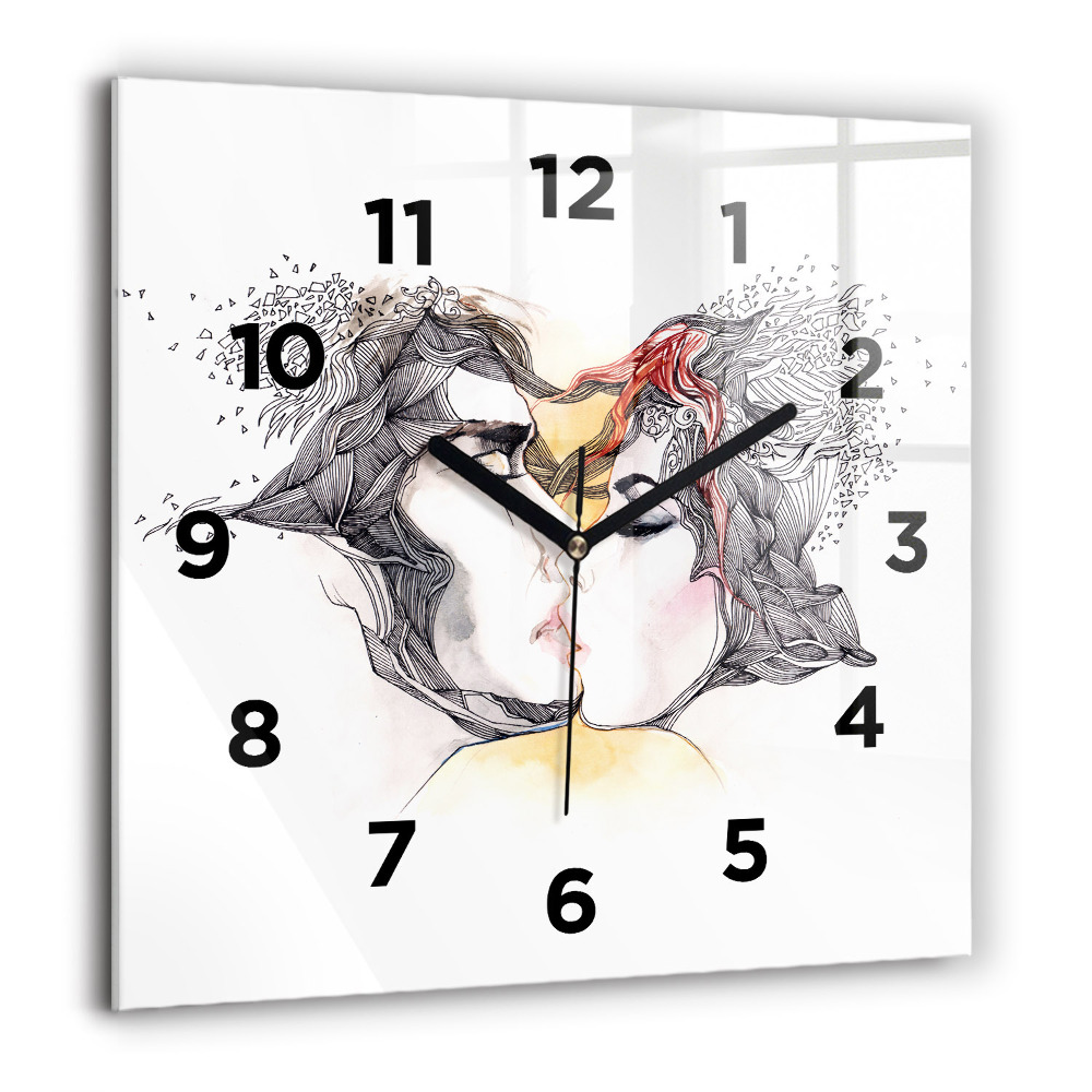 Horloge carrée en verre 60x60 cm Dessin d'un baiser d'amour