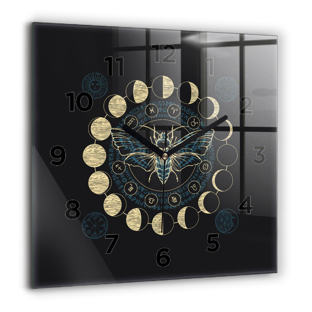 Horloge carrée en verre 60x60 cm Phases de la lune et insecte