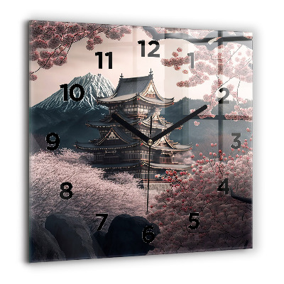 Horloge carrée en verre 60x60 cm Tour et fleurs en Asie