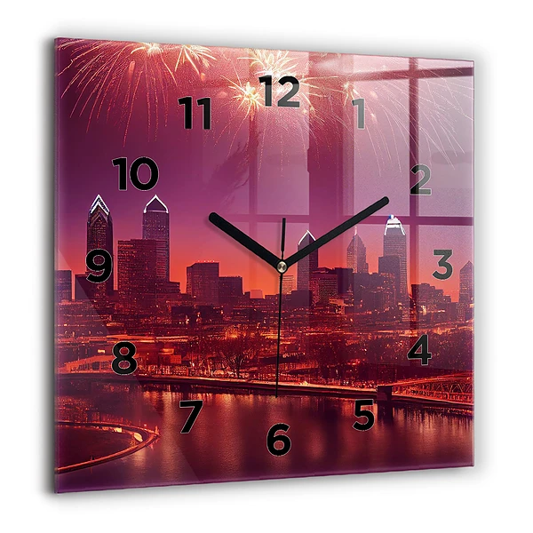 Horloge carrée en verre 60x60 cm Ville de Philadelphie la nuit
