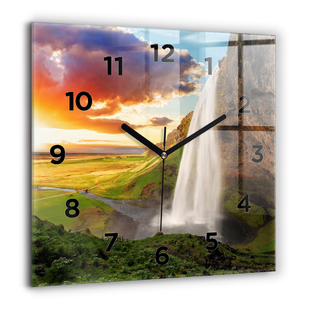 Pendule carrée en verre 60x60 cm Chute d'eau en Islande