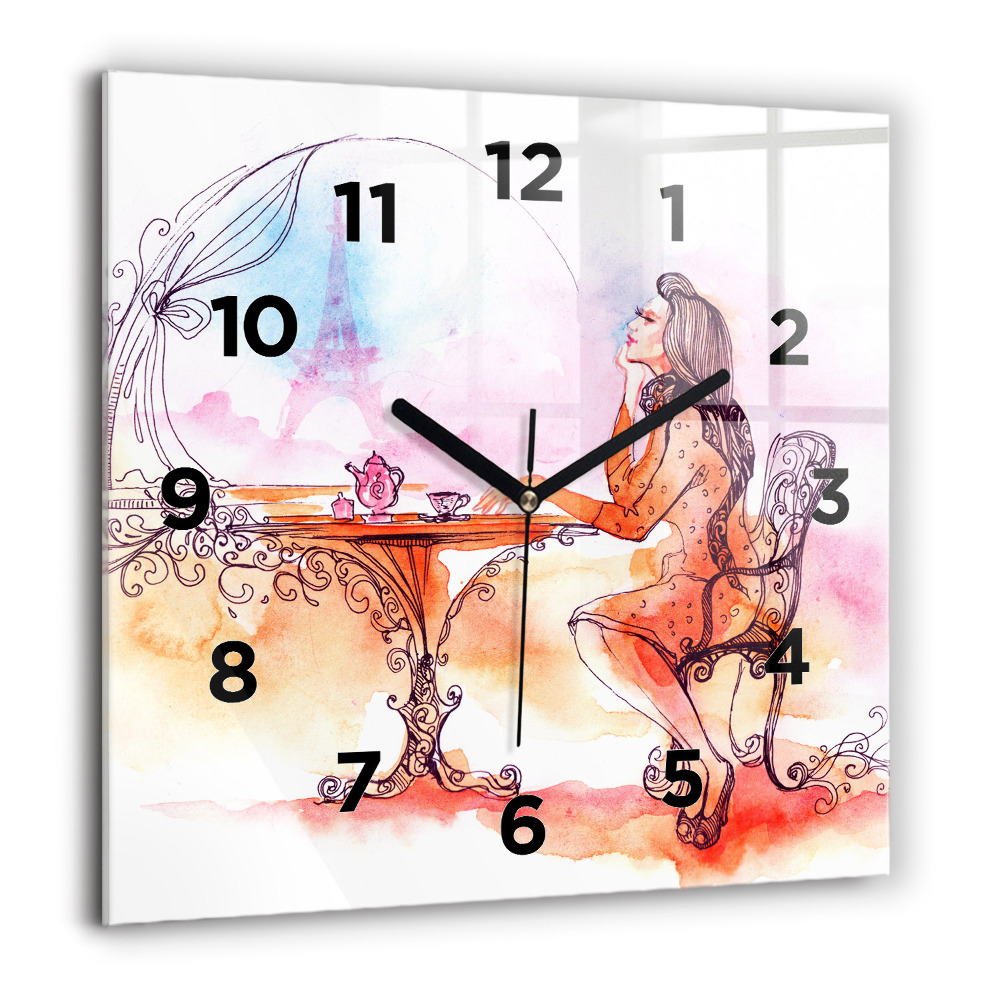 Horloge carrée en verre 60x60 cm Femme buvant du thé