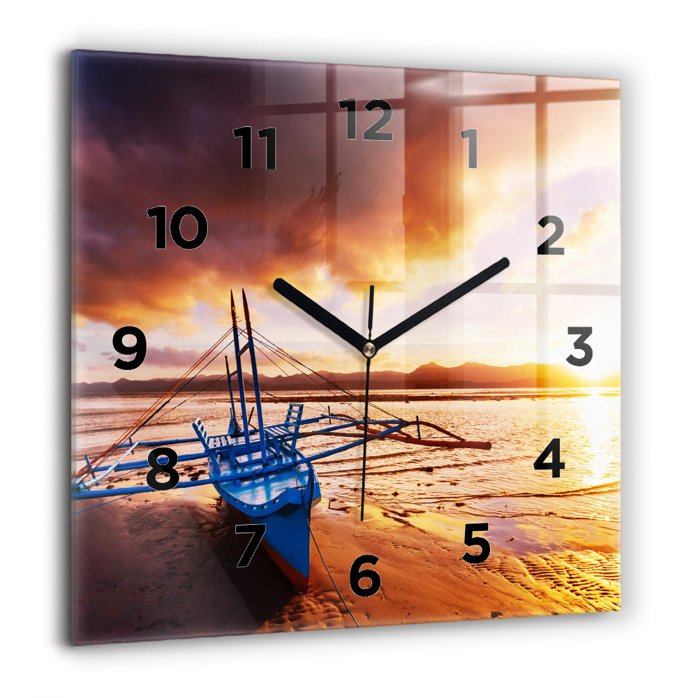 Pendule carrée en verre 60x60 cm Bateau et coucher de soleil