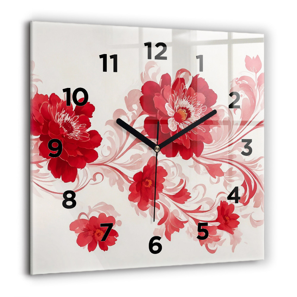 Horloge carrée en verre 60x60 cm Fleurs rouges