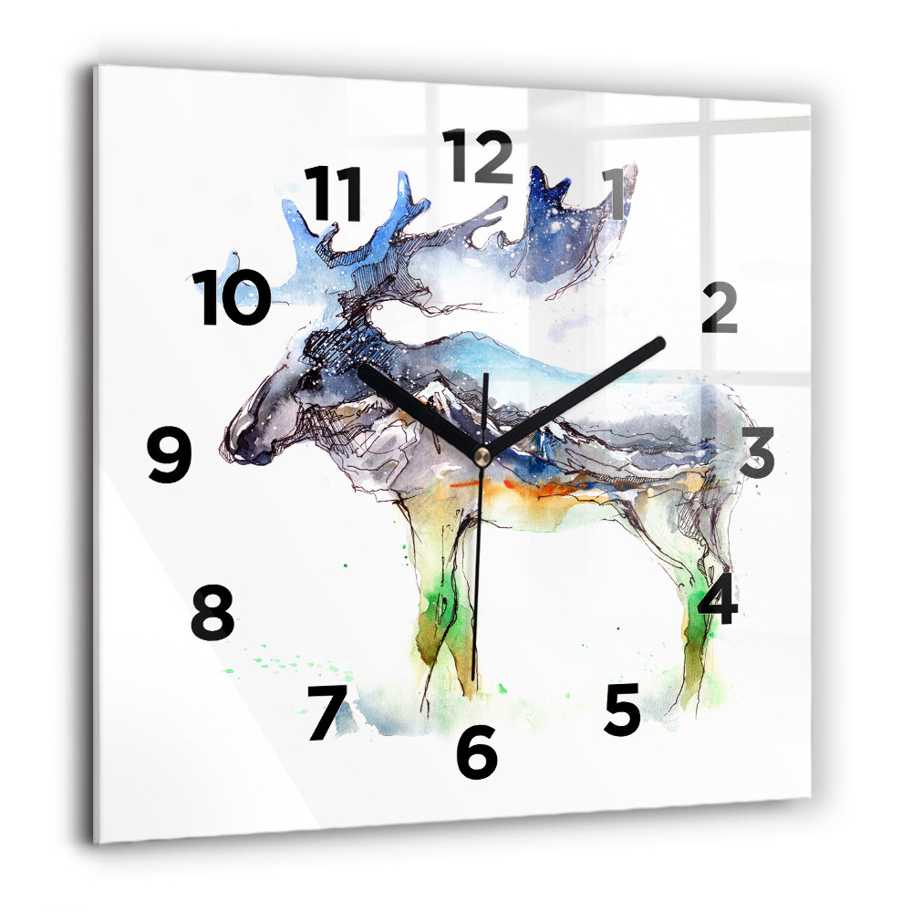 Horloge murale carrée 60x60 cm Orignal et paysage de montagne