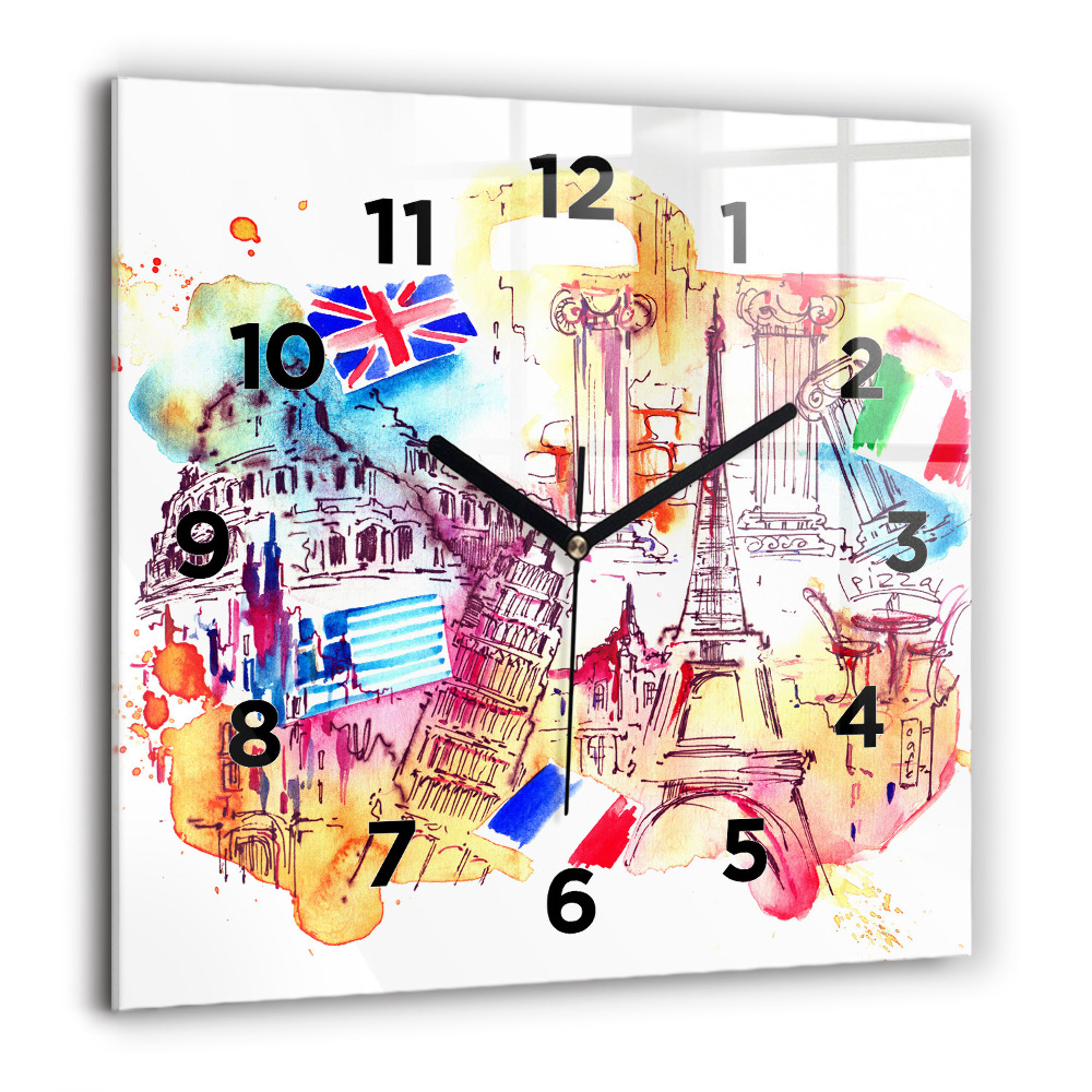 Horloge carrée en verre 60x60 cm Pays attrayants du monde