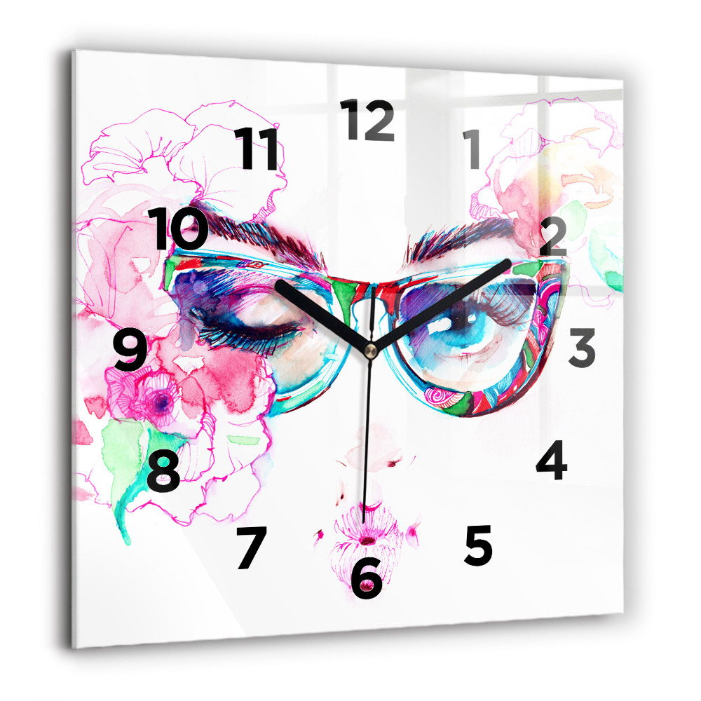 Horloge murale carrée 60x60 cm Femme avec des lunettes