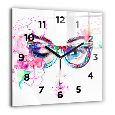 Horloge murale carrée 60x60 cm Femme avec des lunettes
