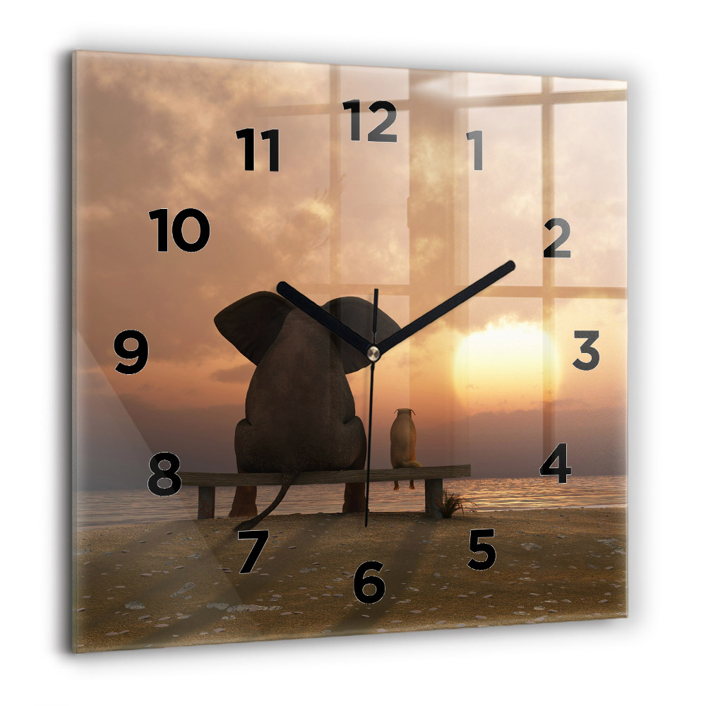 Pendule carrée en verre 60x60 cm Animaux et coucher de soleil