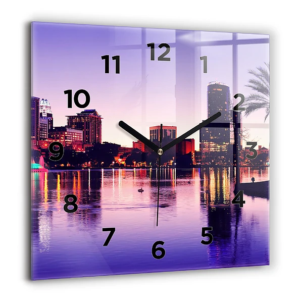 Pendule carrée en verre 60x60 cm Panorama de la ville le soir