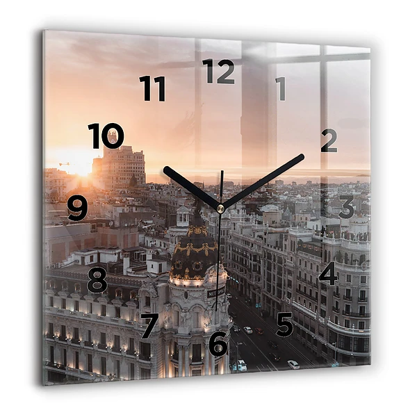 Pendule carrée en verre 60x60 cm Villes au coucher du soleil
