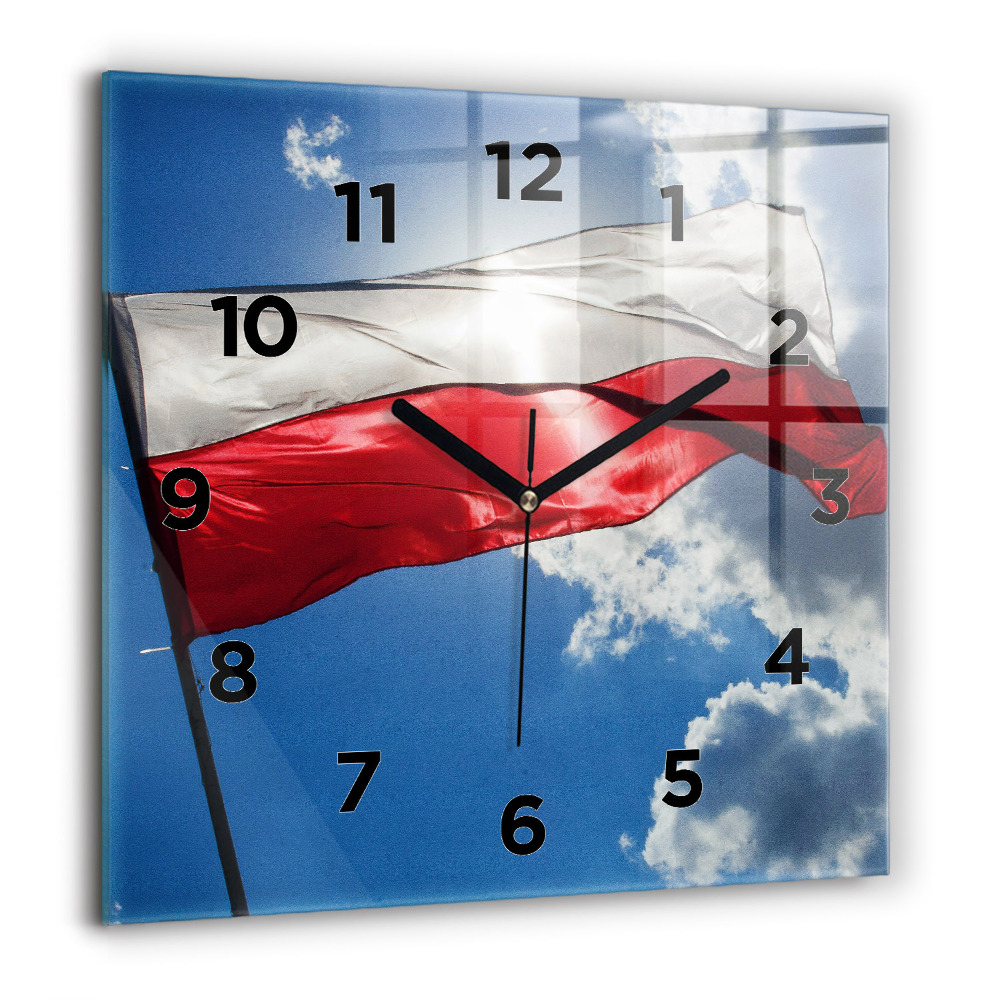 Horloge murale carrée 60x60 cm Drapeau polonais sur fond de ciel