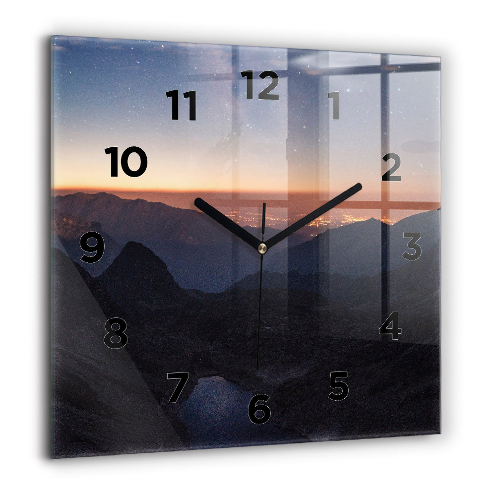 Horloge carrée en verre 60x60 cm Montagnes au coucher du soleil
