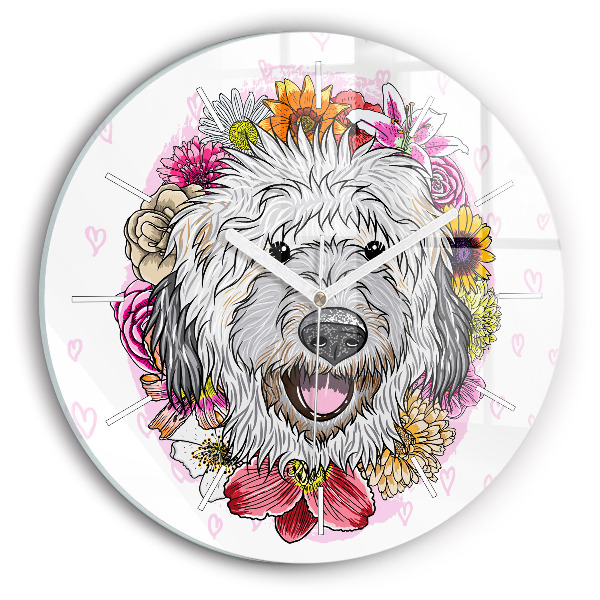 Horloge ronde murale Chien heureux dans les fleurs