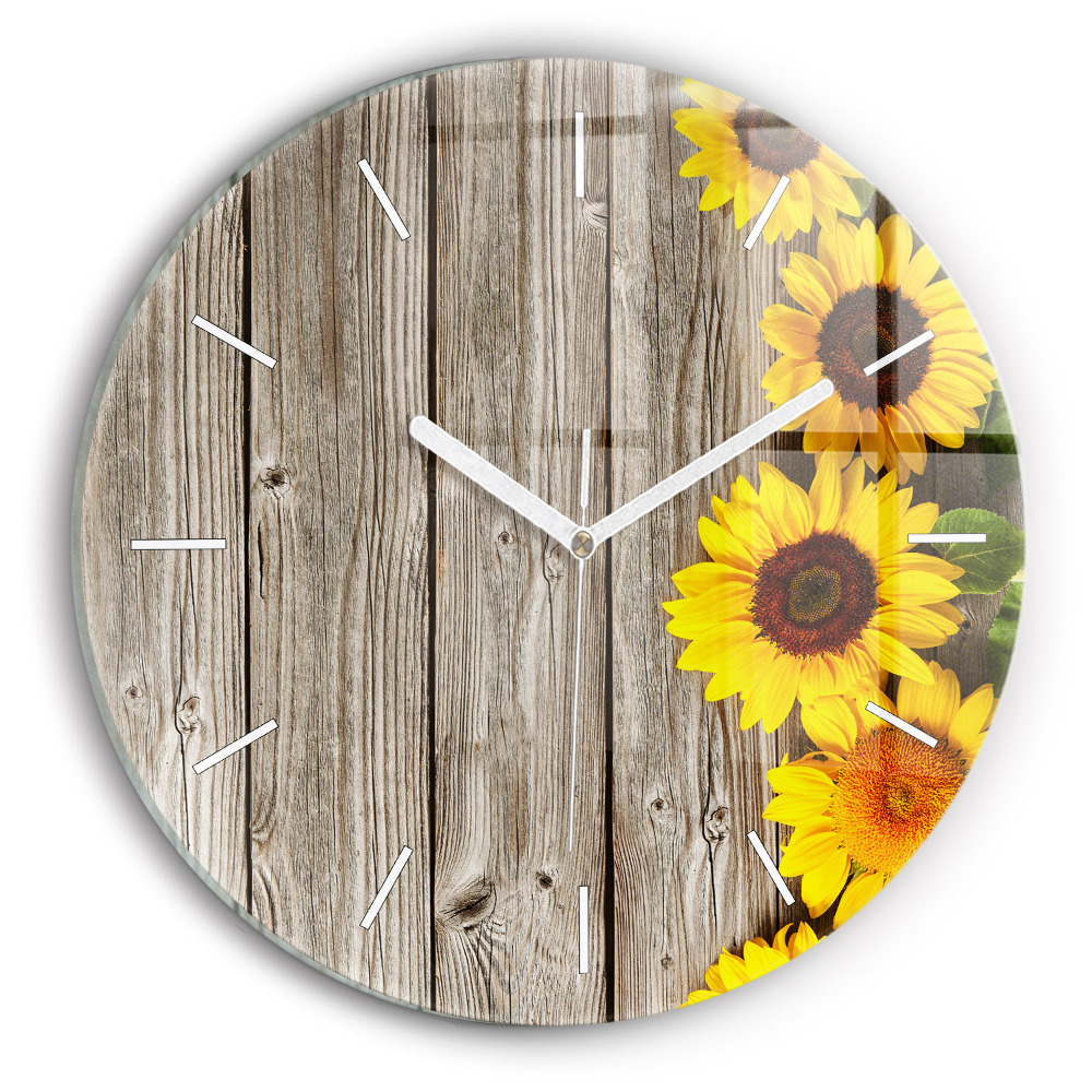 Horloge ronde en verre Tournesols sur planches