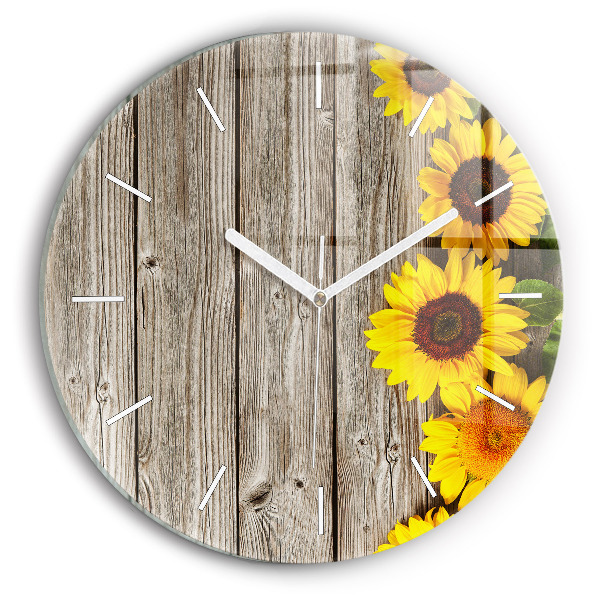 Horloge ronde en verre Tournesols sur planches