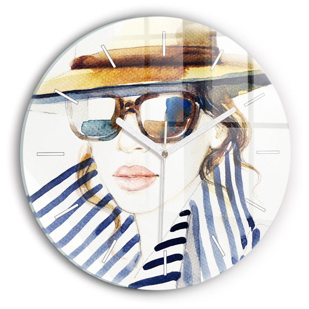 Horloge ronde en verre Visage avec lunettes et chapeau