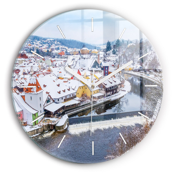 Horloge ronde en verre Panorama d'une ville en hiver