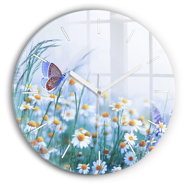 Horloge ronde en verre Papillon dans une prairie